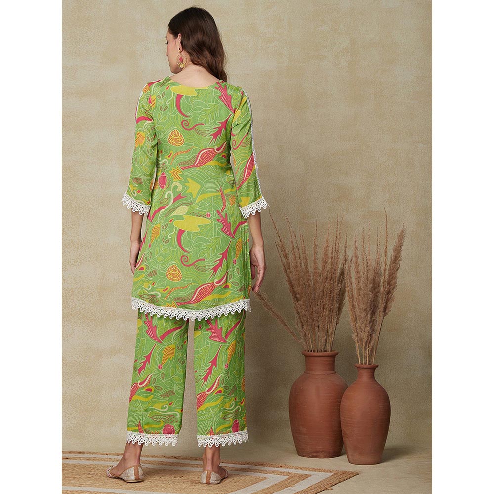 FASHOR Printed Embellished Kurta with Palazzo Pant - Green (Set of 2)