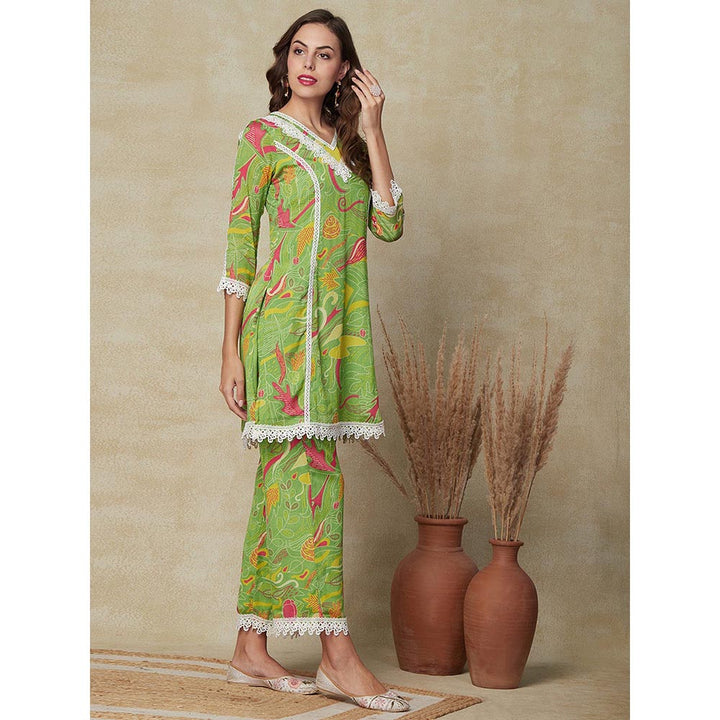 FASHOR Printed Embellished Kurta with Palazzo Pant - Green (Set of 2)