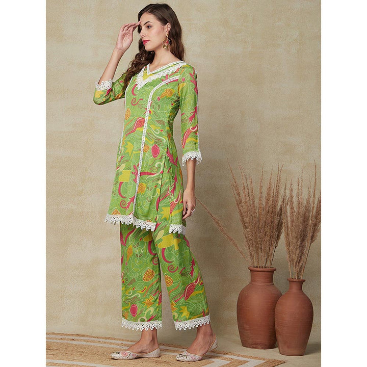 FASHOR Printed Embellished Kurta with Palazzo Pant - Green (Set of 2)