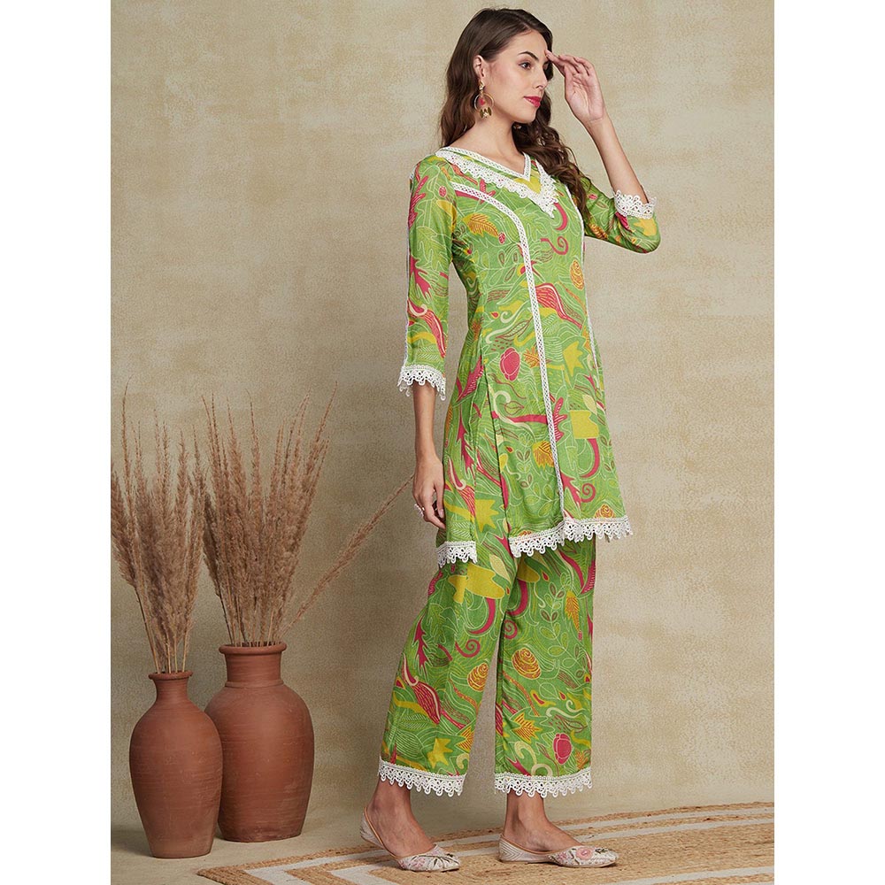 FASHOR Printed Embellished Kurta with Palazzo Pant - Green (Set of 2)