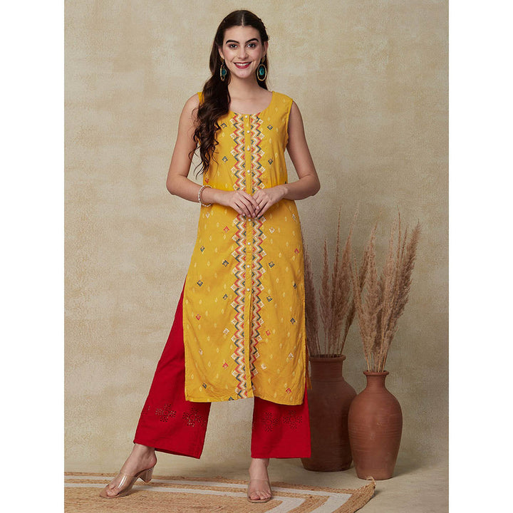 FASHOR Woven Dobby Design Kurta - Yellow