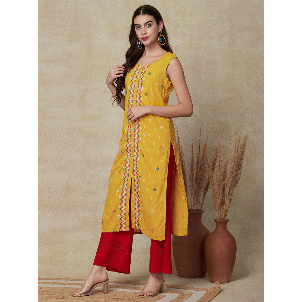 FASHOR Woven Dobby Design Kurta - Yellow