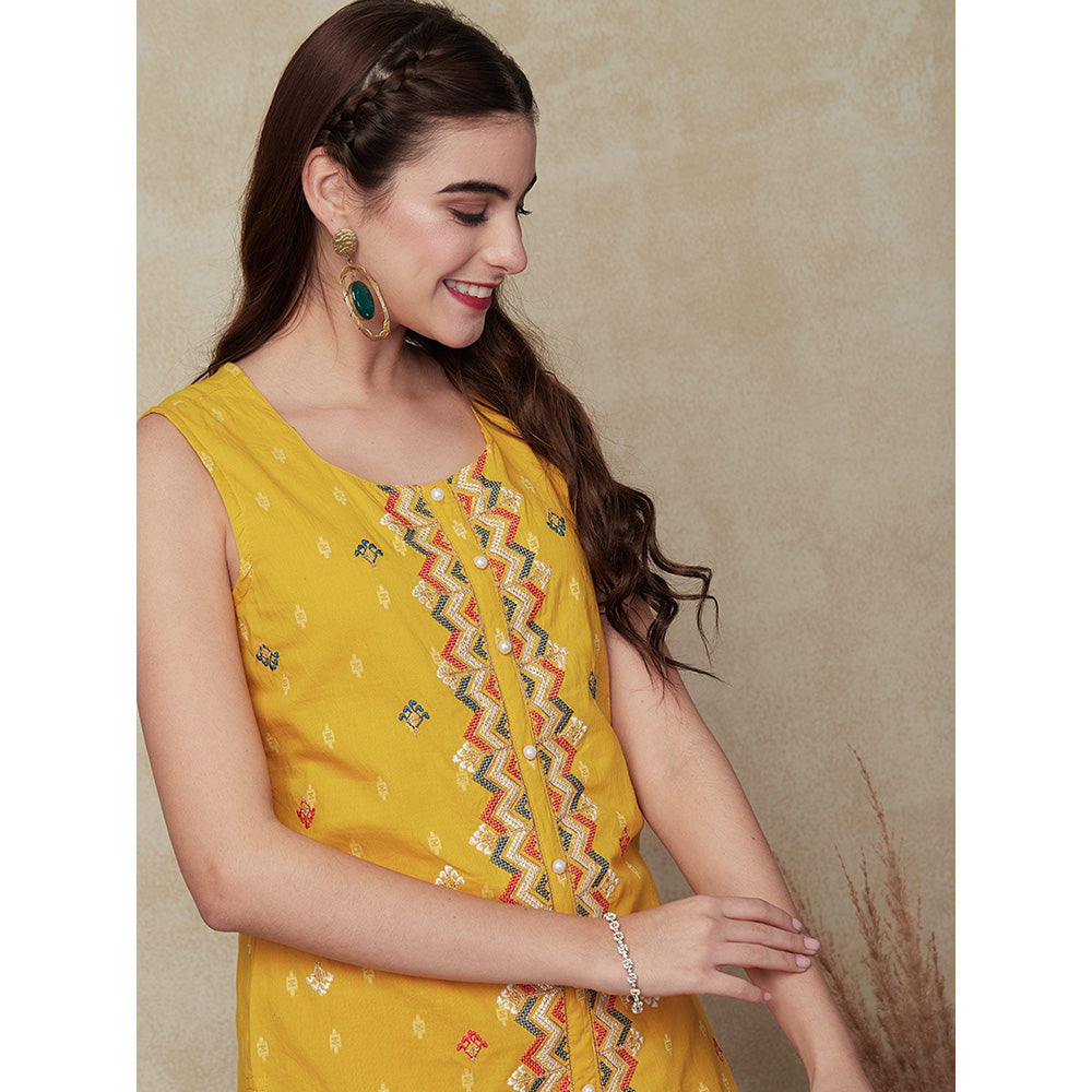 FASHOR Woven Dobby Design Kurta - Yellow