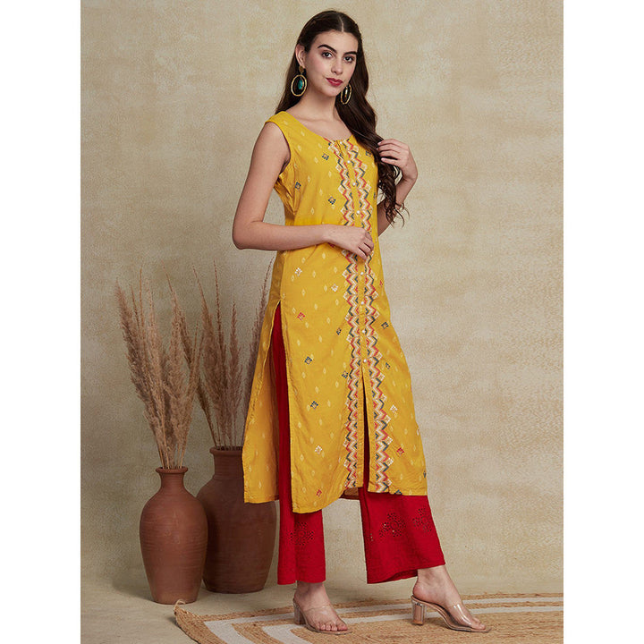 FASHOR Woven Dobby Design Kurta - Yellow