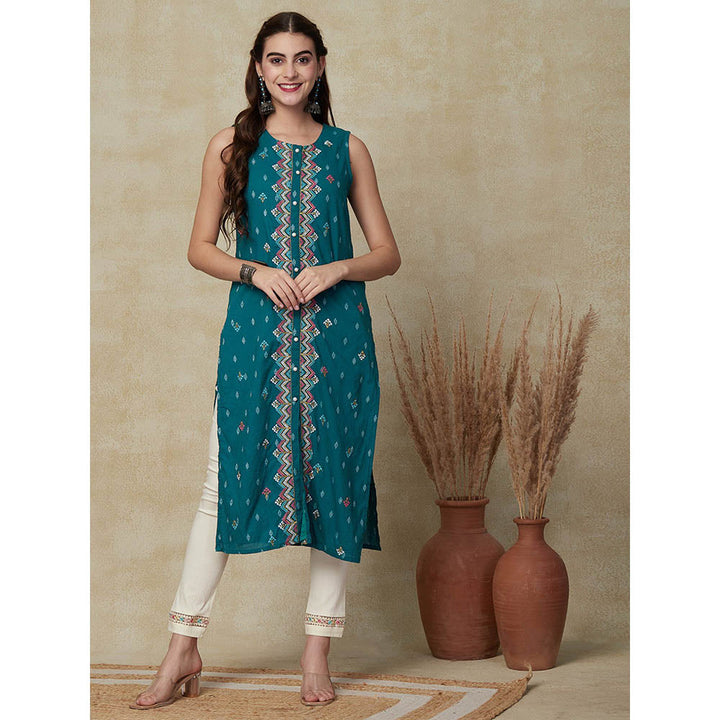 FASHOR Woven Dobby Design Embroidered Kurta - Teal