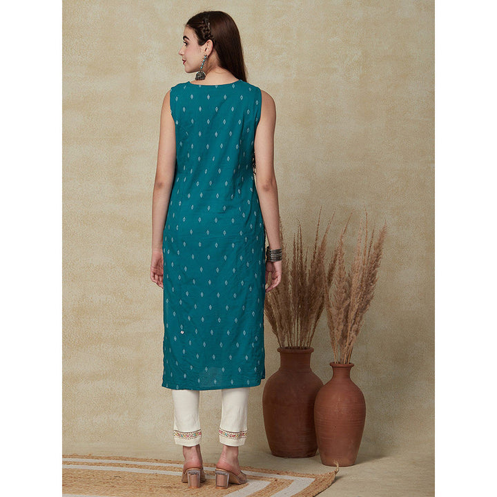 FASHOR Woven Dobby Design Embroidered Kurta - Teal