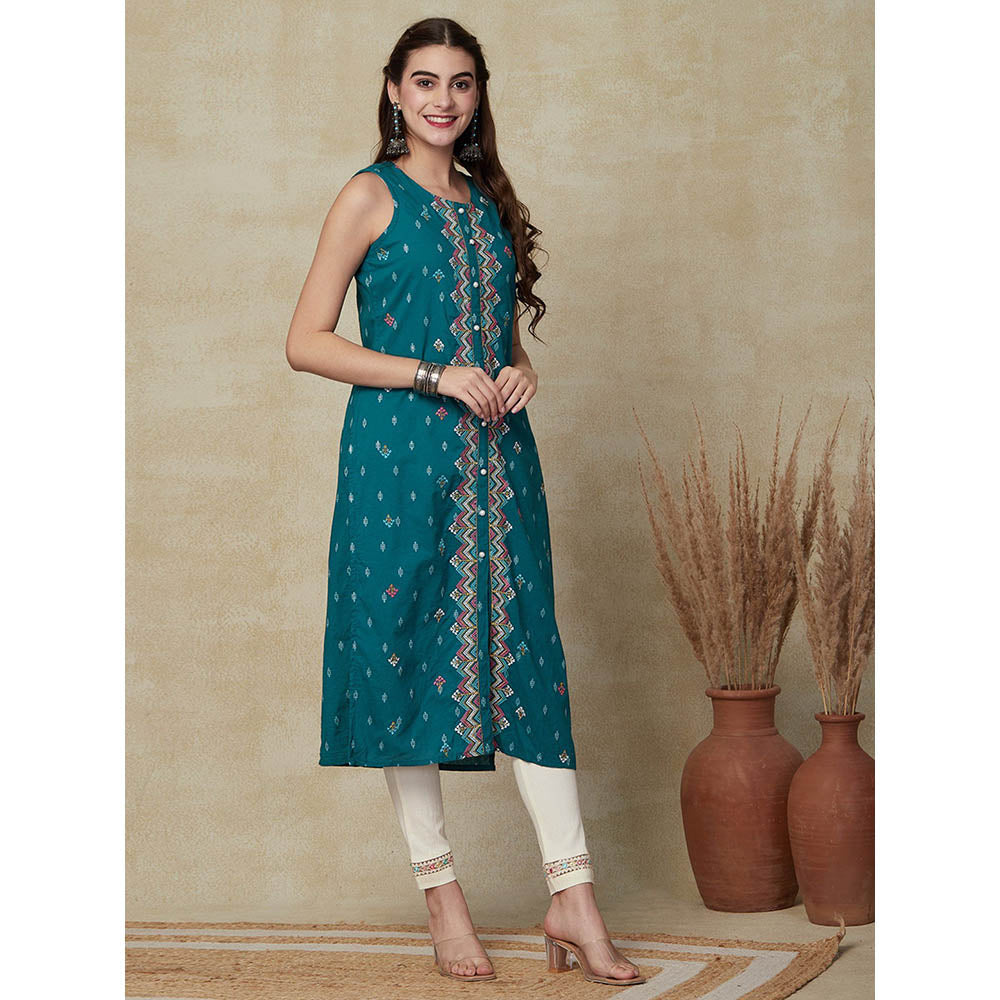 FASHOR Woven Dobby Design Embroidered Kurta - Teal