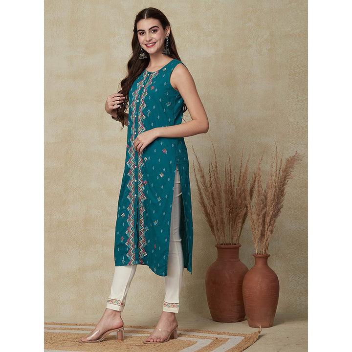 FASHOR Woven Dobby Design Embroidered Kurta - Teal