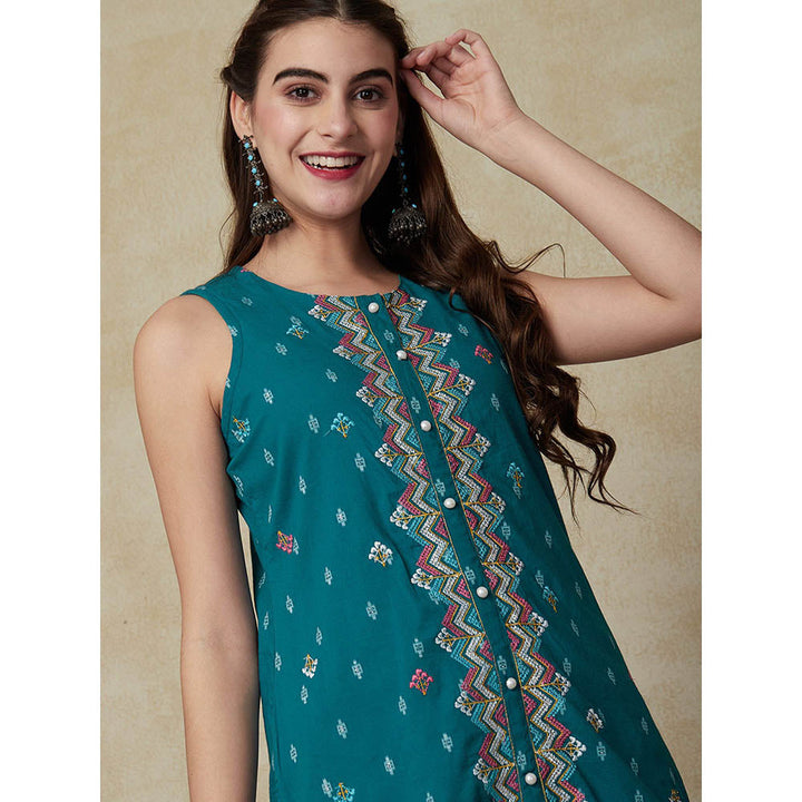 FASHOR Woven Dobby Design Embroidered Kurta - Teal