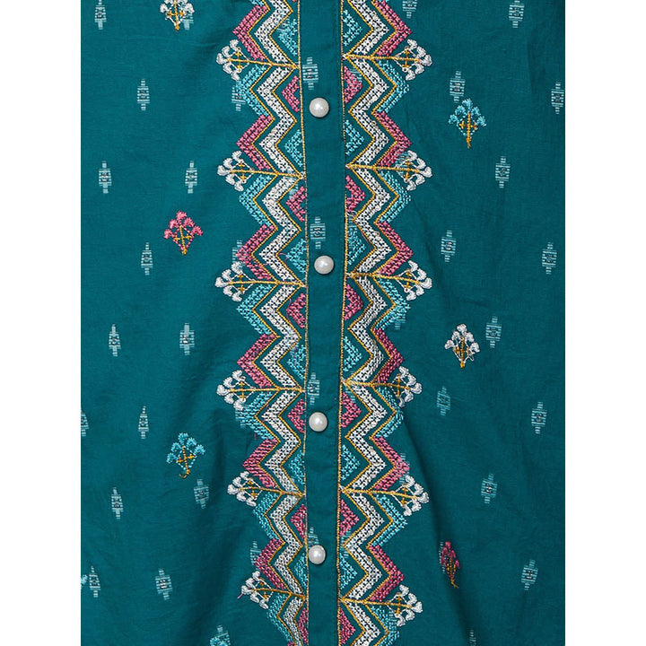 FASHOR Woven Dobby Design Embroidered Kurta - Teal