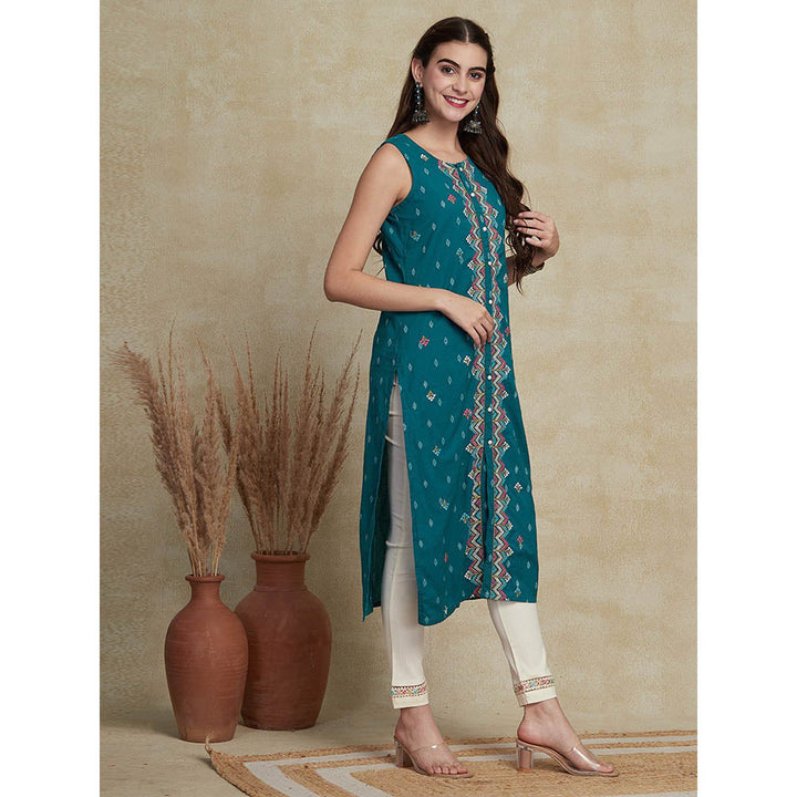 FASHOR Woven Dobby Design Embroidered Kurta - Teal