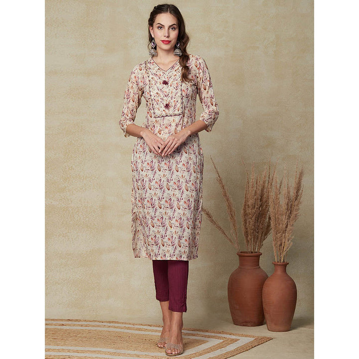 FASHOR Floral Printed Zari Embroidered Kurta - Cream