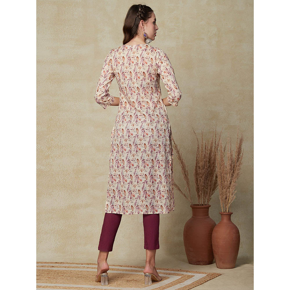 FASHOR Floral Printed Zari Embroidered Kurta - Cream