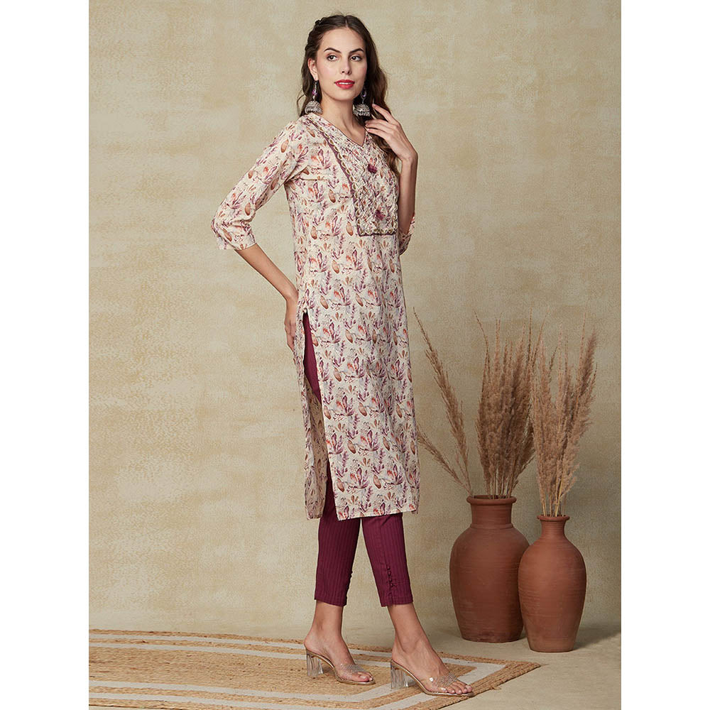 FASHOR Floral Printed Zari Embroidered Kurta - Cream