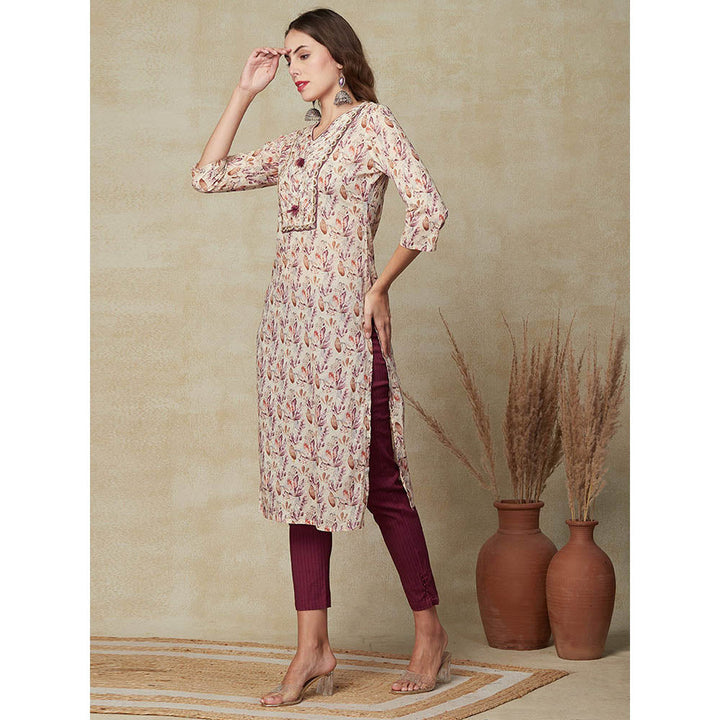 FASHOR Floral Printed Zari Embroidered Kurta - Cream