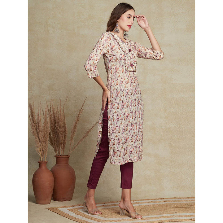 FASHOR Floral Printed Zari Embroidered Kurta - Cream