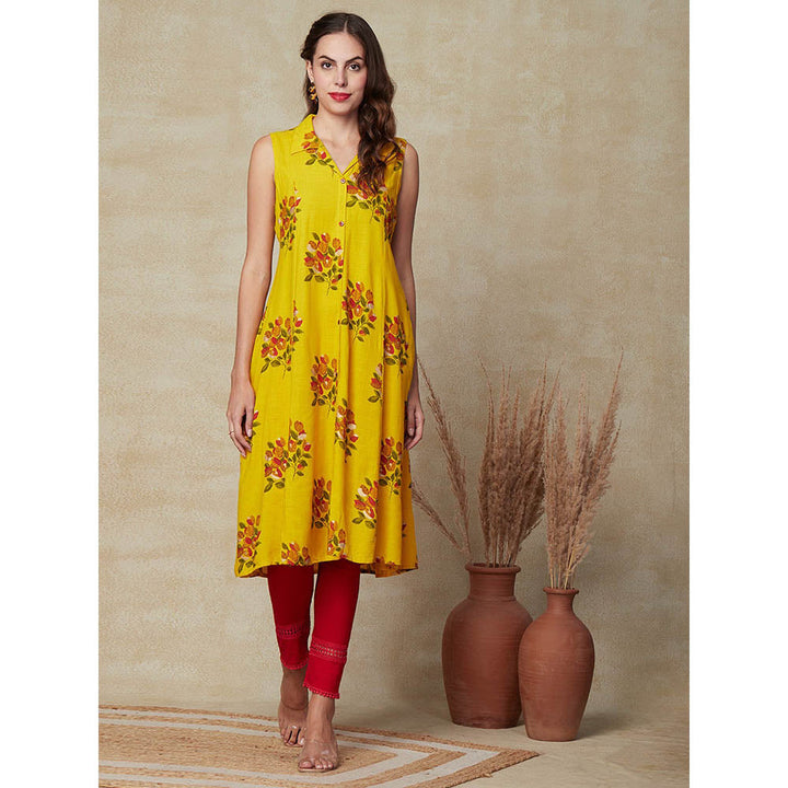 FASHOR Floral Printed Paneled A-line Kurta - Yellow