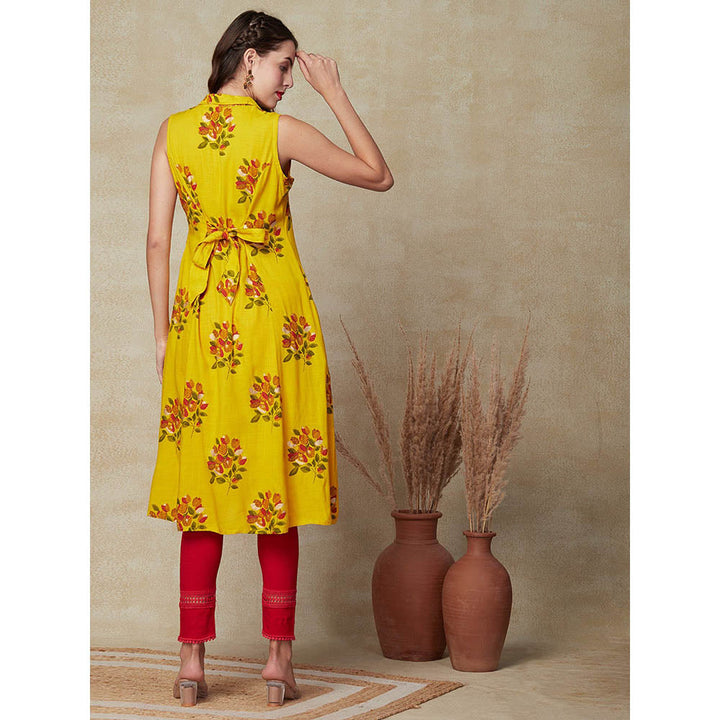 FASHOR Floral Printed Paneled A-line Kurta - Yellow