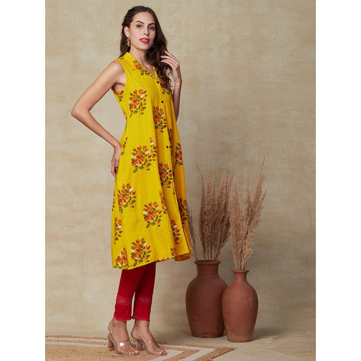 FASHOR Floral Printed Paneled A-line Kurta - Yellow