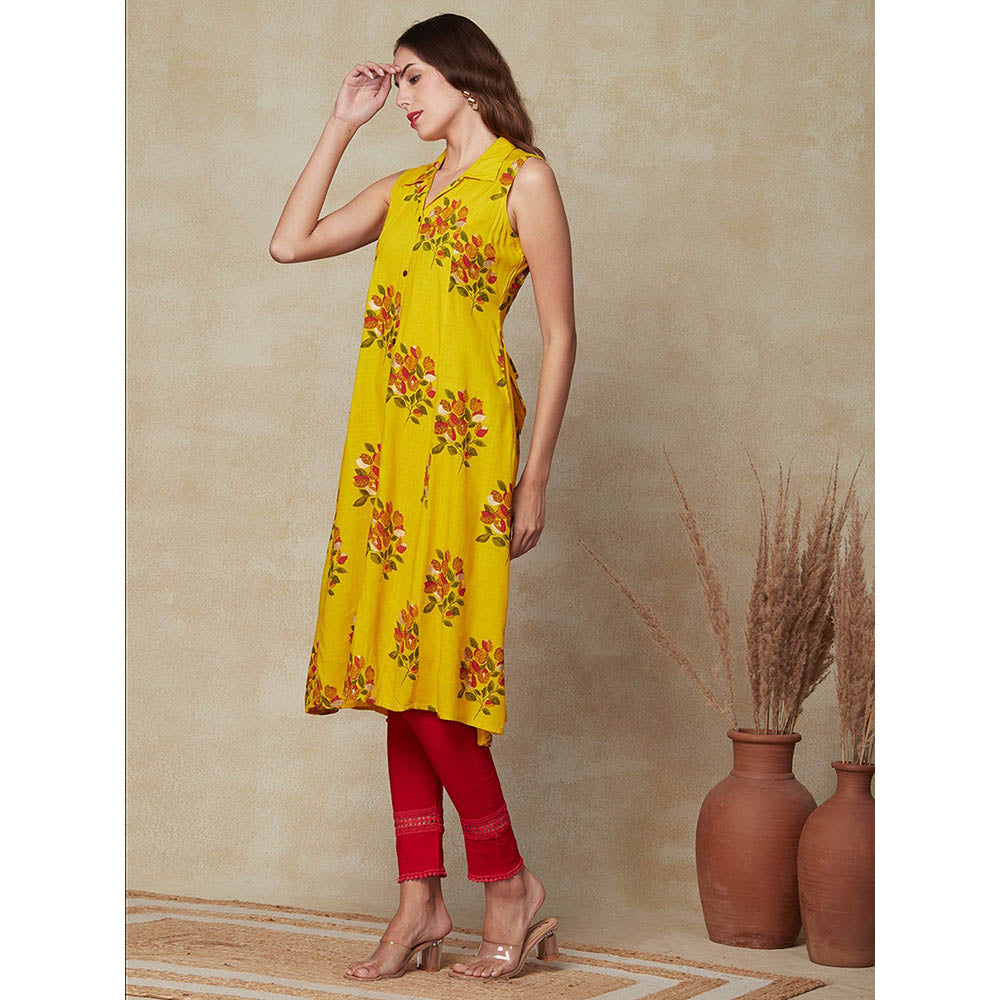 FASHOR Floral Printed Paneled A-line Kurta - Yellow