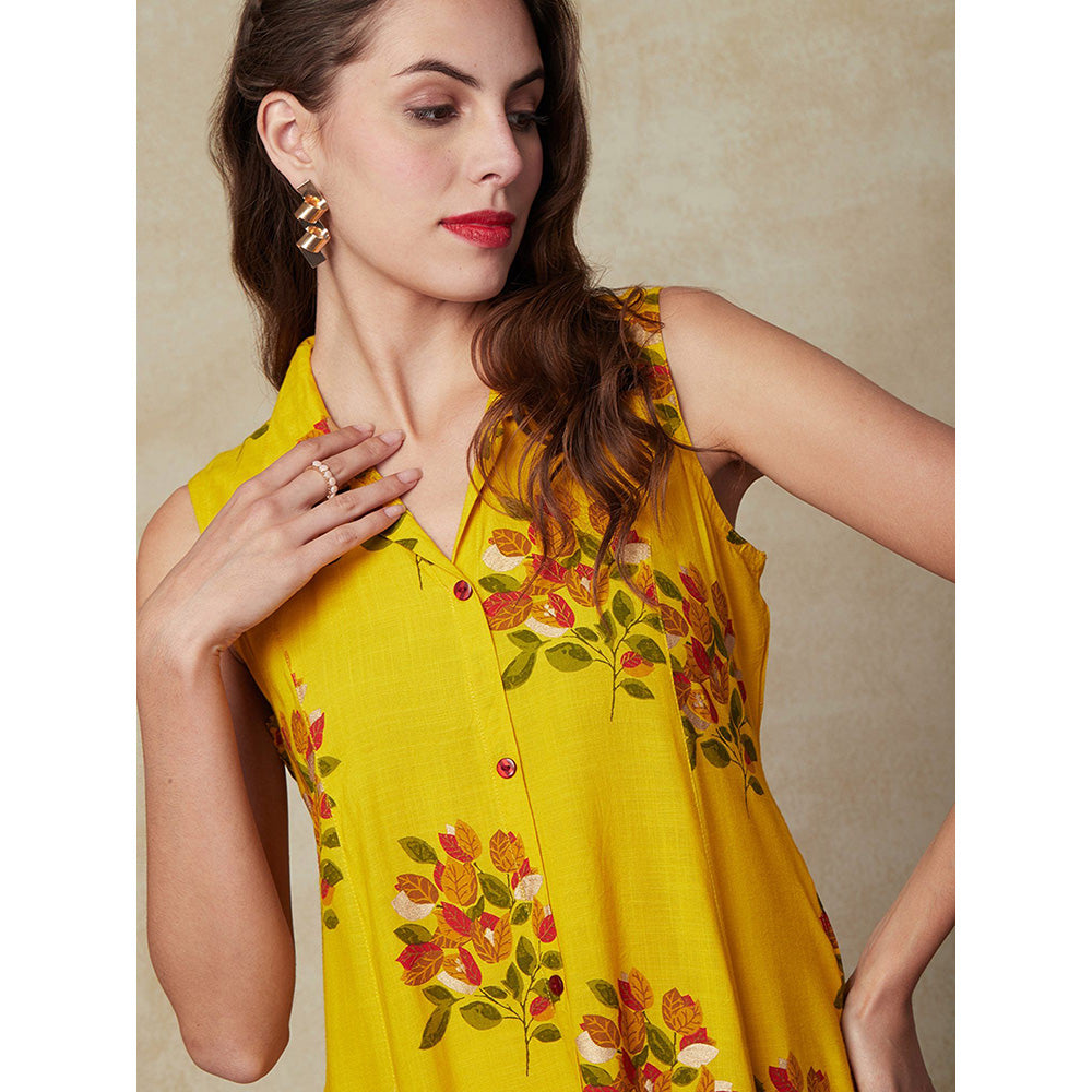 FASHOR Floral Printed Paneled A-line Kurta - Yellow