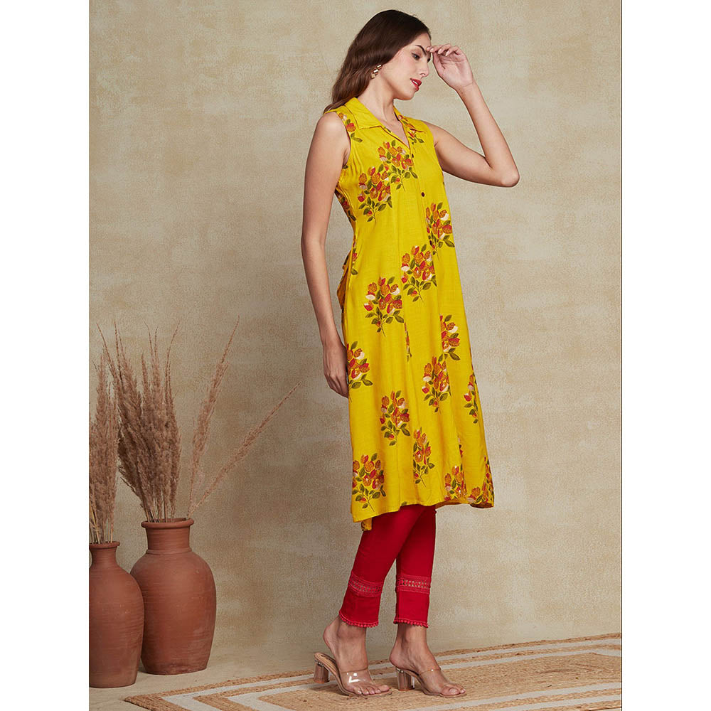 FASHOR Floral Printed Paneled A-line Kurta - Yellow