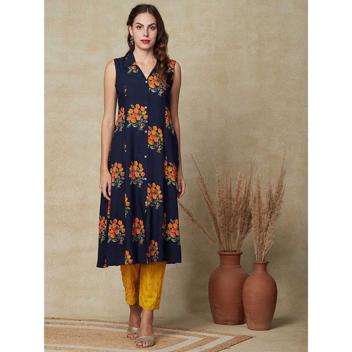 FASHOR Floral Printed Paneled A-line Kurta - Navy Blue