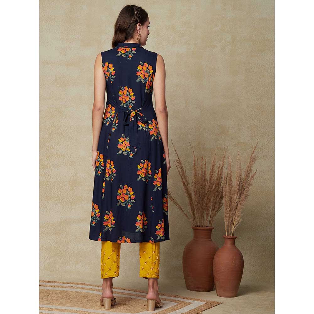 FASHOR Floral Printed Paneled A-line Kurta - Navy Blue