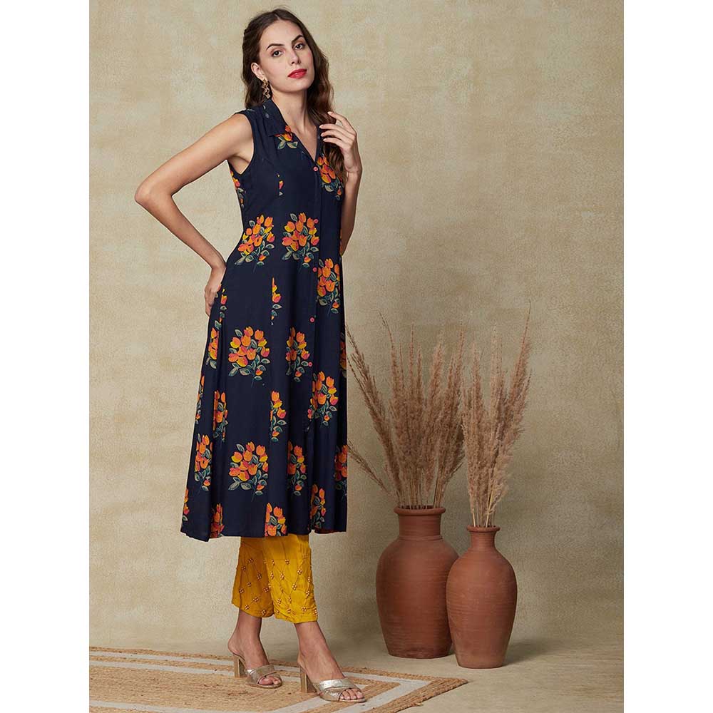 FASHOR Floral Printed Paneled A-line Kurta - Navy Blue