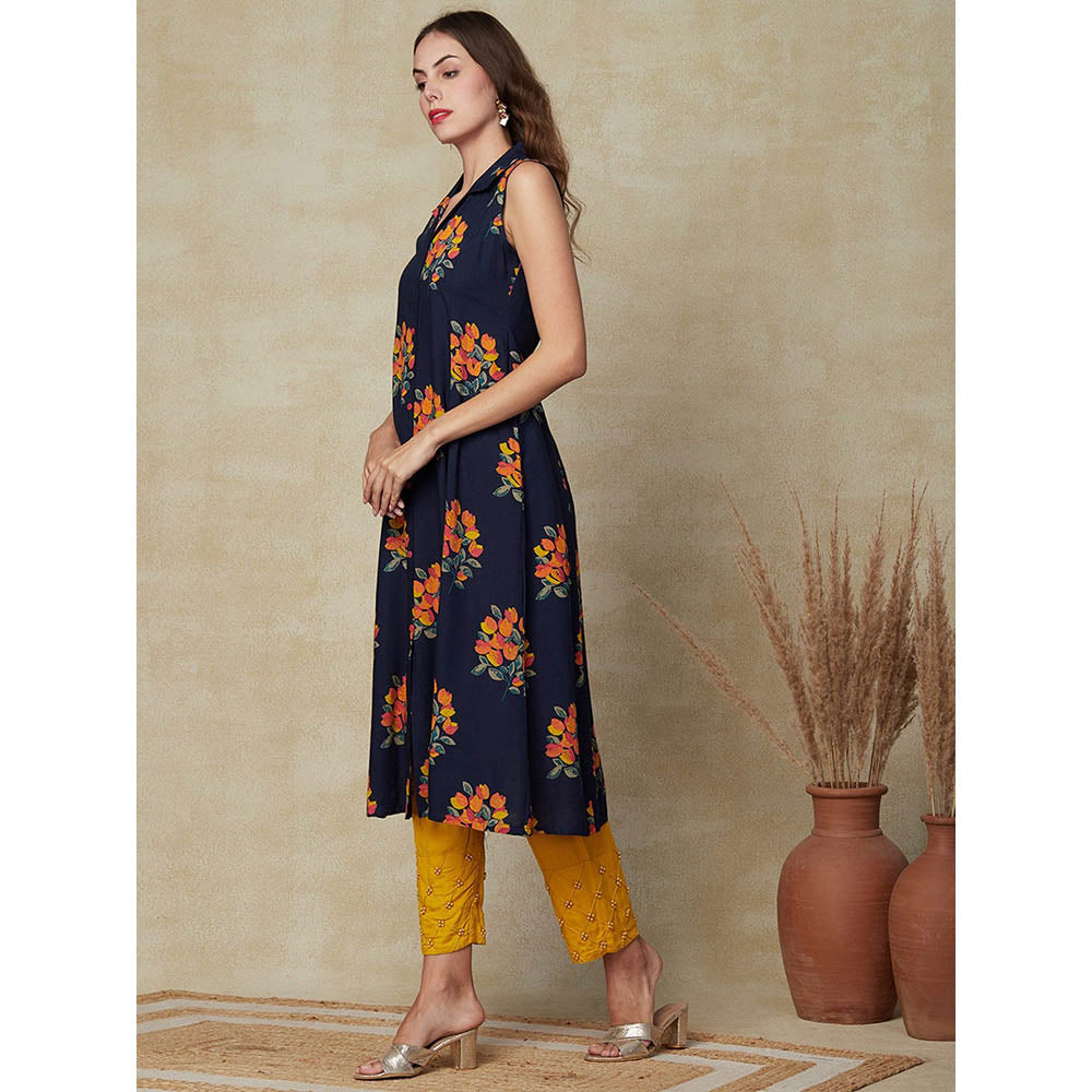 FASHOR Floral Printed Paneled A-line Kurta - Navy Blue