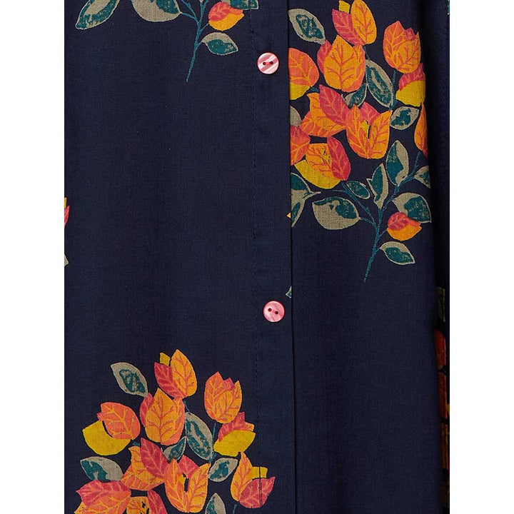 FASHOR Floral Printed Paneled A-line Kurta - Navy Blue