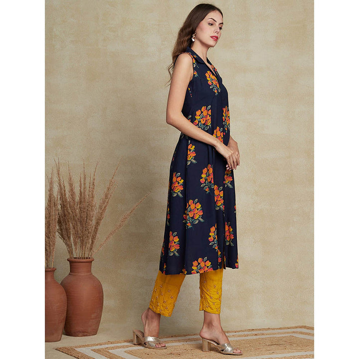 FASHOR Floral Printed Paneled A-line Kurta - Navy Blue