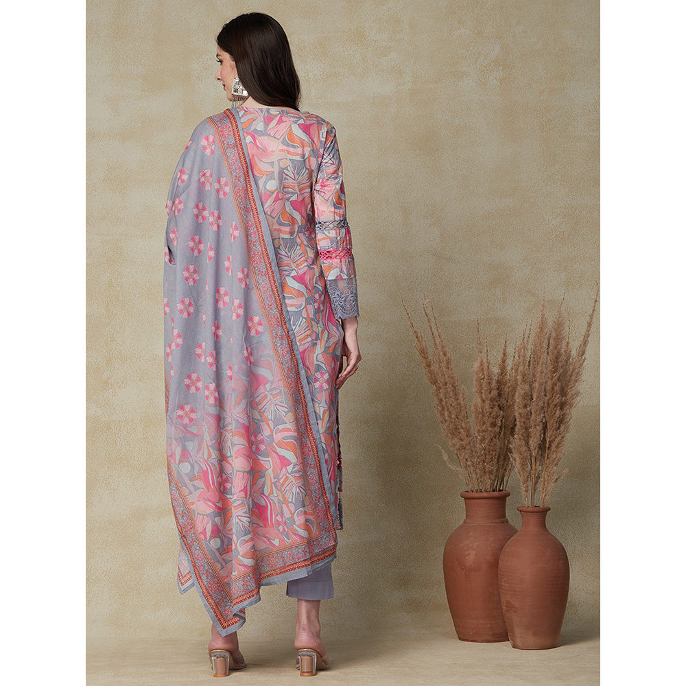 FASHOR Abstract Printed Kurta with Pant and Dupatta - Blue (Set of 3)