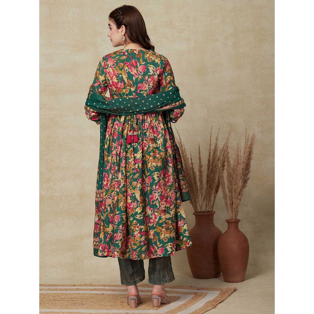 FASHOR Floral Printed Kurta with Pant & Dupatta - Green (Set of 3)