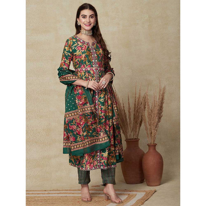 FASHOR Floral Printed Kurta with Pant & Dupatta - Green (Set of 3)