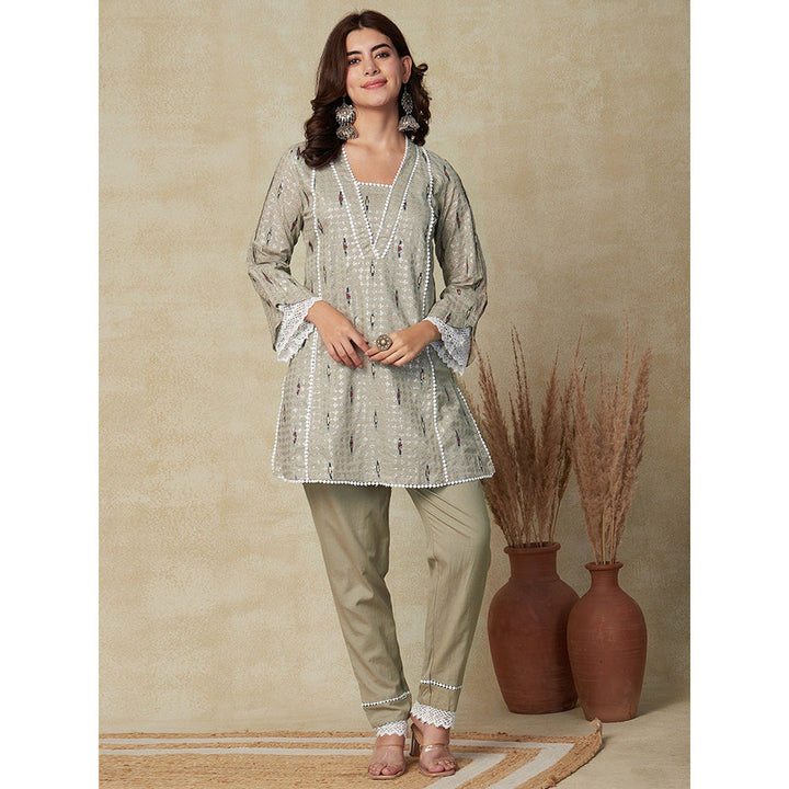 FASHOR Shimmer Printed Lace Work Kurti with Pants - Taupe (Set of 2)