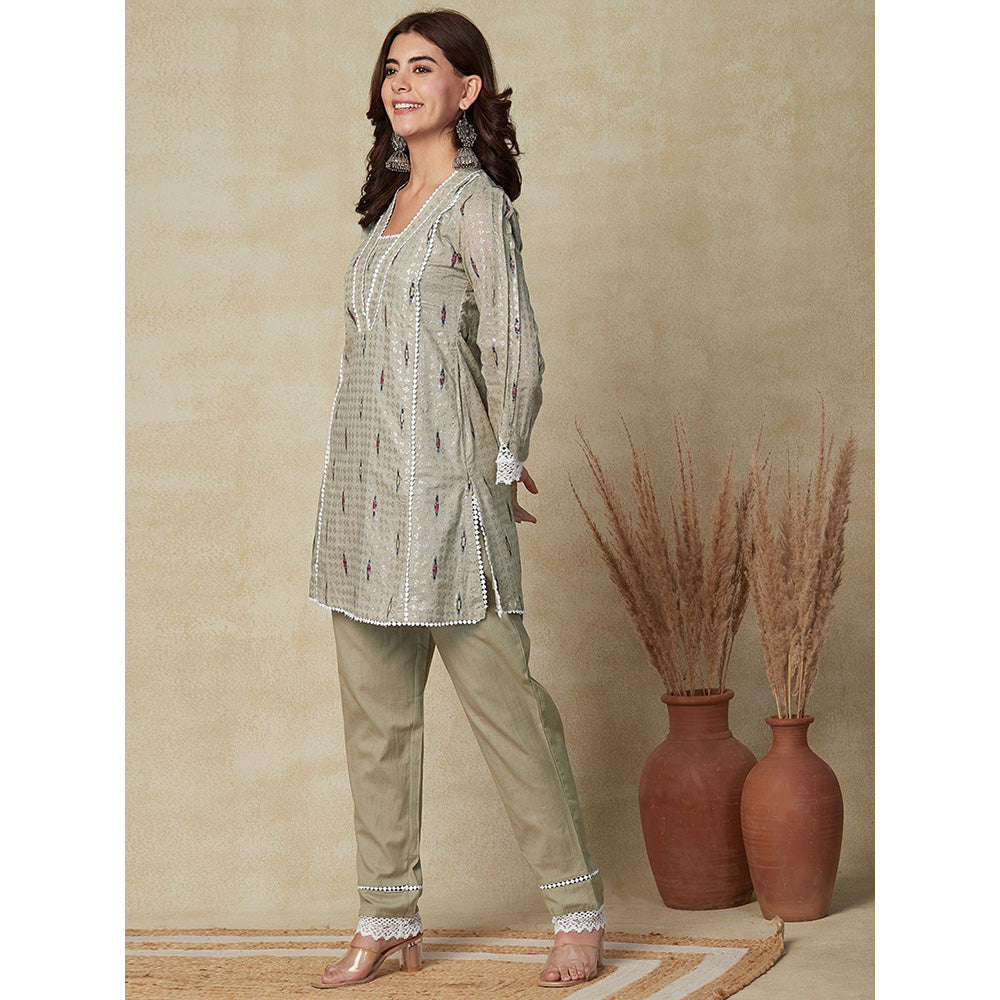 FASHOR Shimmer Printed Lace Work Kurti with Pants - Taupe (Set of 2)