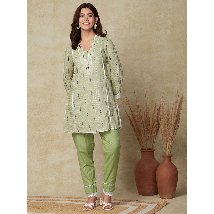 FASHOR Shimmer Printed Lace Work Kurti with Pants - Pastel Green (Set of 2)