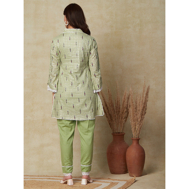 FASHOR Shimmer Printed Lace Work Kurti with Pants - Pastel Green (Set of 2)