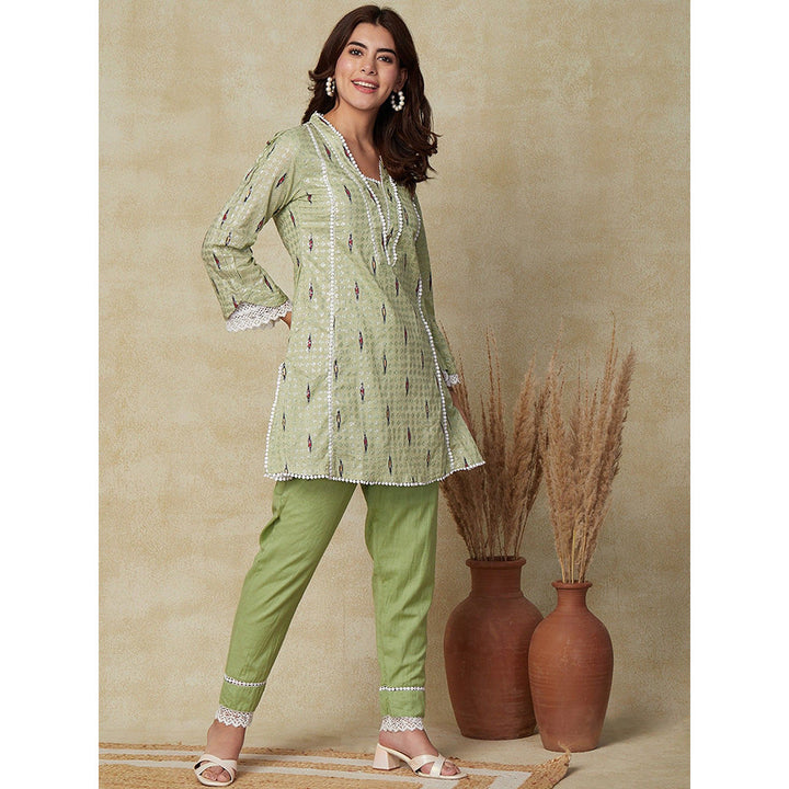 FASHOR Shimmer Printed Lace Work Kurti with Pants - Pastel Green (Set of 2)