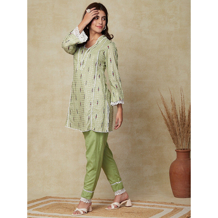 FASHOR Shimmer Printed Lace Work Kurti with Pants - Pastel Green (Set of 2)