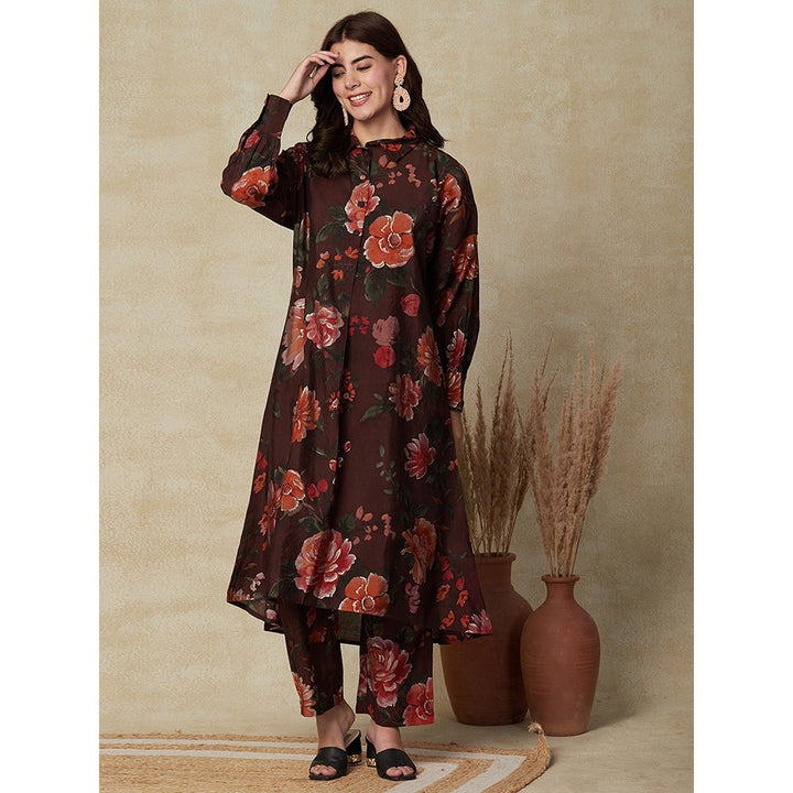 FASHOR Floral Printed High-Low Kurta with Pants - Brown (Set of 2)