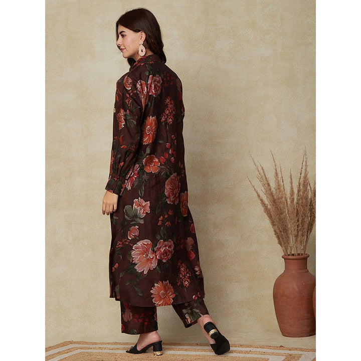 FASHOR Floral Printed High-Low Kurta with Pants - Brown (Set of 2)