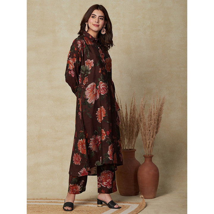 FASHOR Floral Printed High-Low Kurta with Pants - Brown (Set of 2)