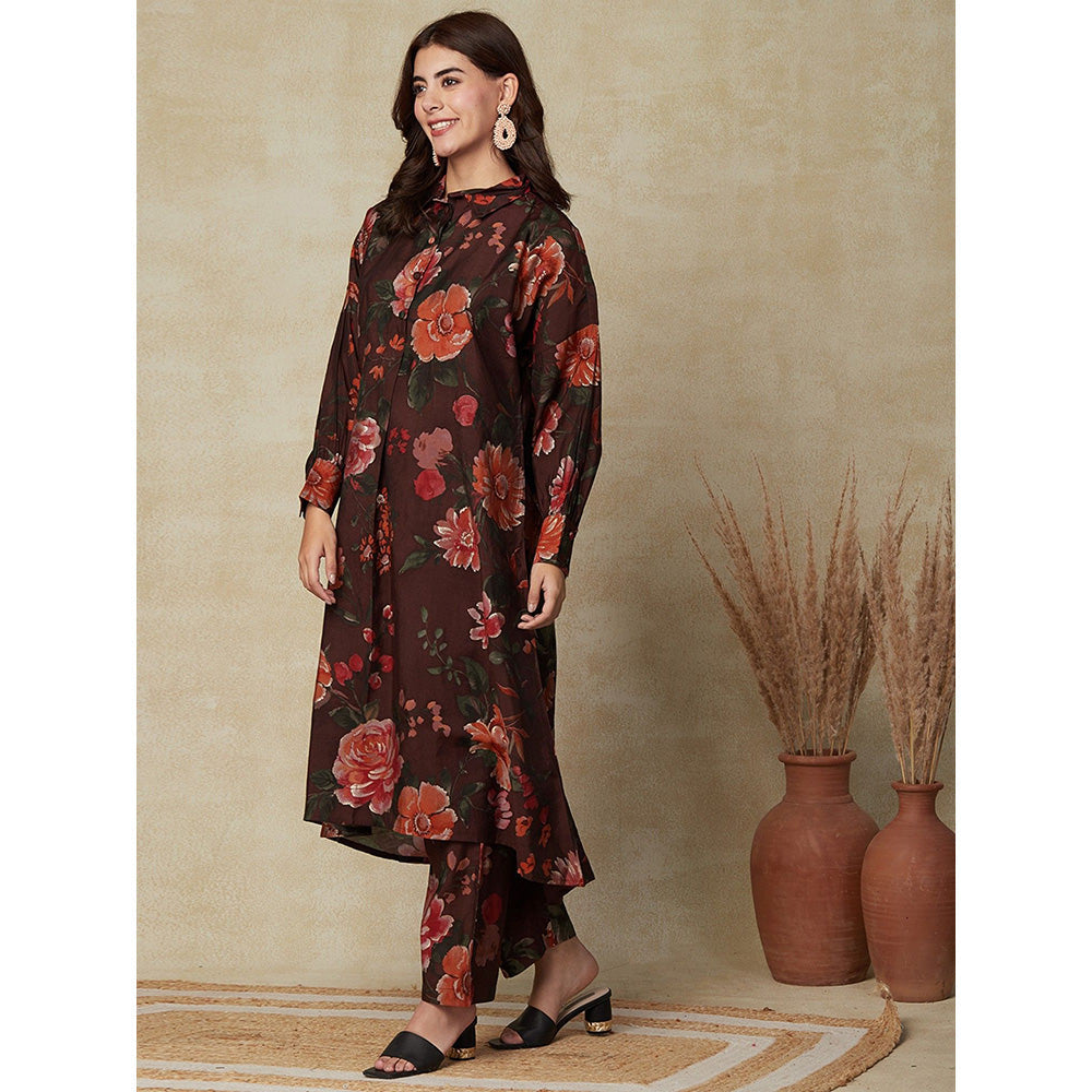 FASHOR Floral Printed High-Low Kurta with Pants - Brown (Set of 2)