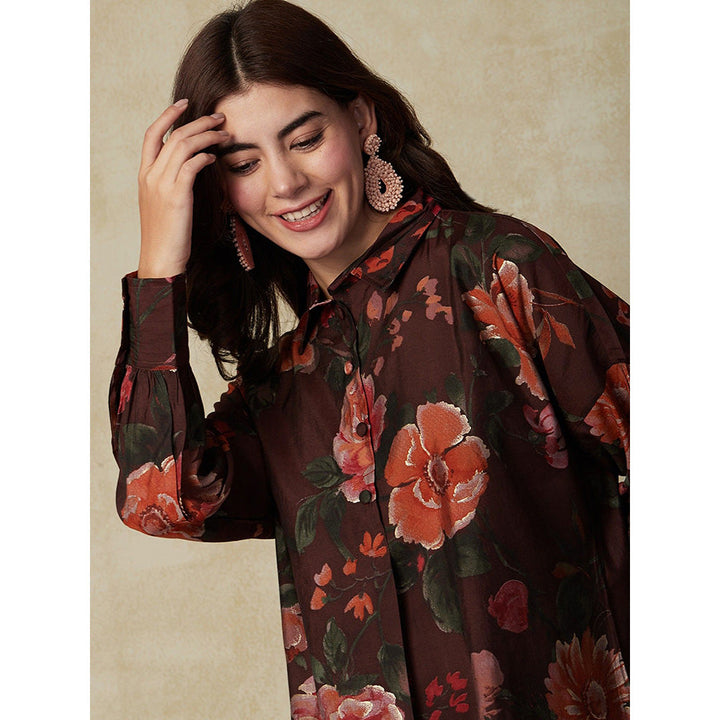 FASHOR Floral Printed High-Low Kurta with Pants - Brown (Set of 2)