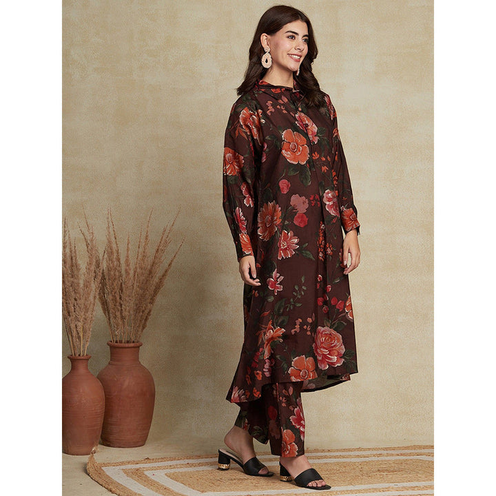 FASHOR Floral Printed High-Low Kurta with Pants - Brown (Set of 2)