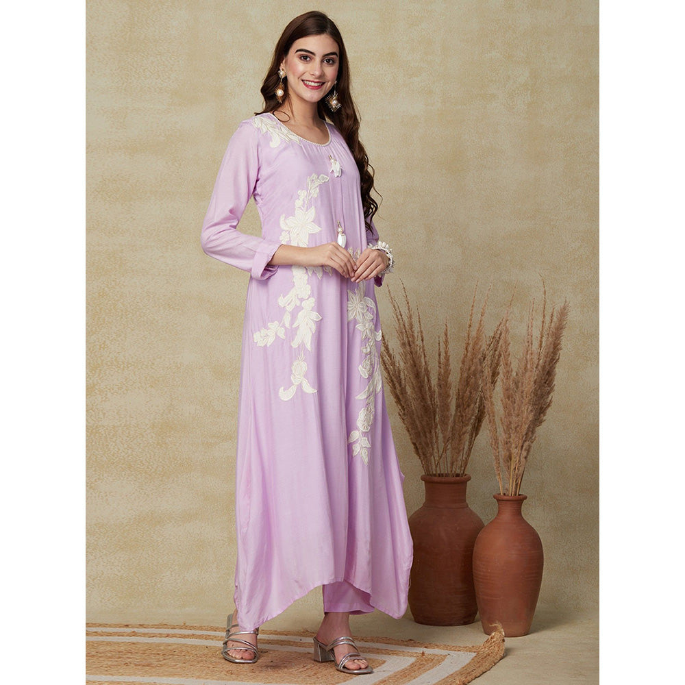 FASHOR Beads & Stones Embroidered Kurta with Pants - Purple (Set of 2)