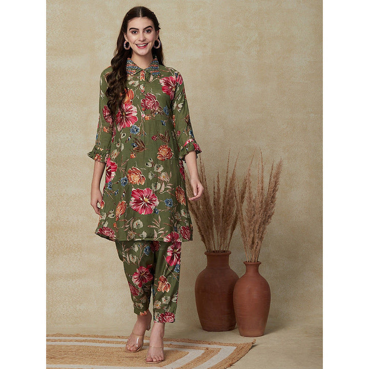 FASHOR Olive Floral Printed Kurta with Pants (Set of 2)