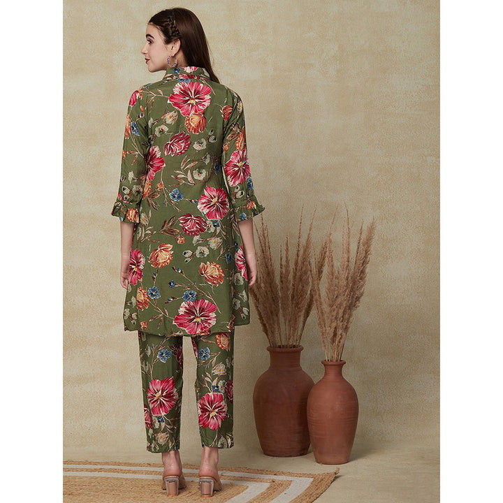 FASHOR Olive Floral Printed Kurta with Pants (Set of 2)